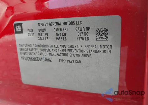 2012 Chevrolet Sonic 2Lt из США, поврежденный, VIN 1G1JC5SHXC4104562